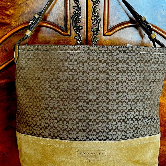 Coach suede, leather, and canvas Hobo  with silver accents in like new - Picture 1 of 14
